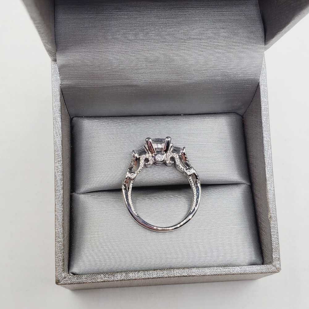 Past Present Future Princess Cut Diamond Simulant Three Stone Silver Tone Ring - Picture 5 of 7